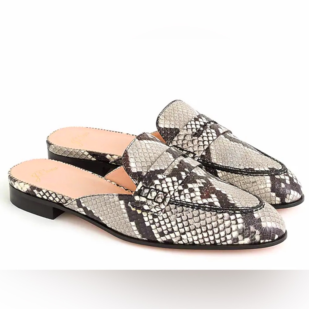 ᴊ ᴄʀᴇᴡ Academy penny loafer mules in snake-embossed leather Size 10